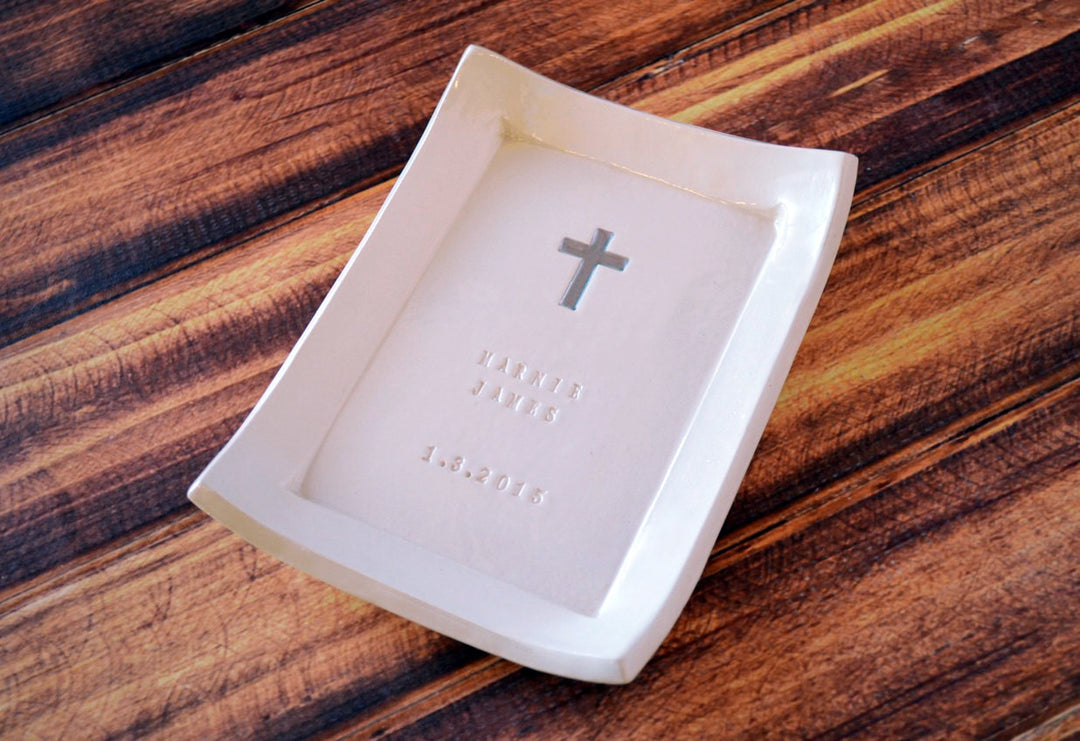 Personalized Miniature Rectangular Platter with Name & Cross | Baptism Gift
