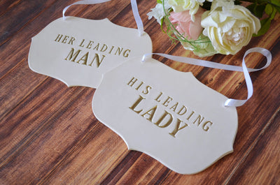 Large 'His Leading Lady' and "Her Leading Man' Wedding Sign Set to Hang on Chair and Use as Photo Prop