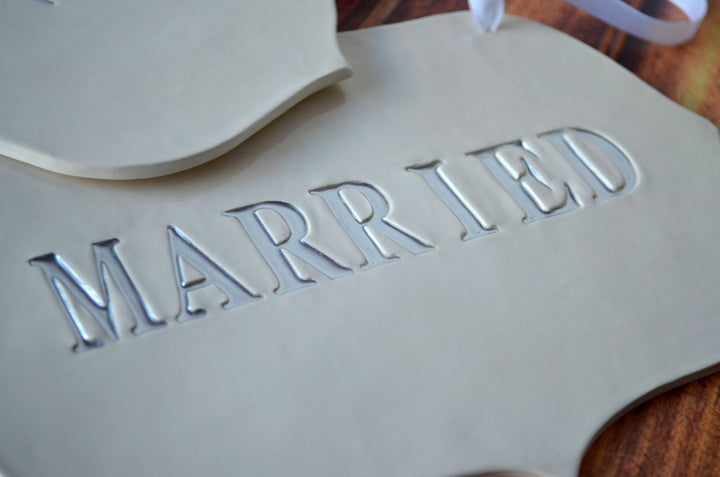 Large Silver 'Just Married' Wedding Sign Set to Hang on Chair and Use as Photo Prop