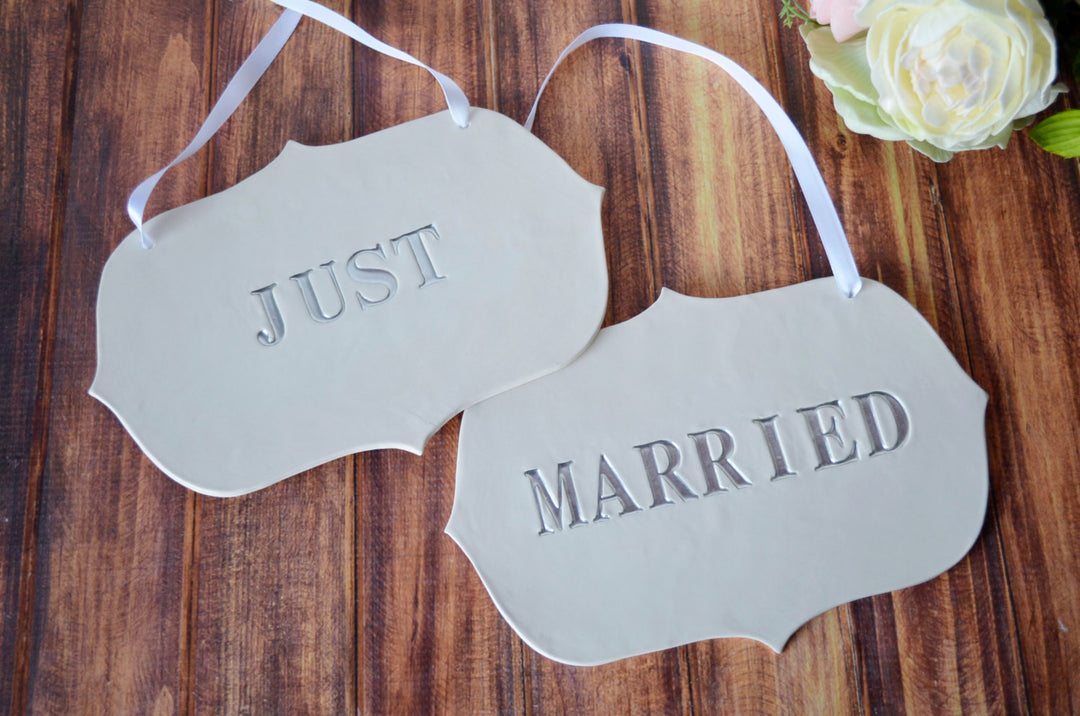Large Silver 'Just Married' Wedding Sign Set to Hang on Chair and Use as Photo Prop