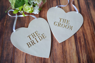 Large Heart Shaped The Bride & The Groom Wedding Sign Set to Hang on Chair and Use as Photo Prop