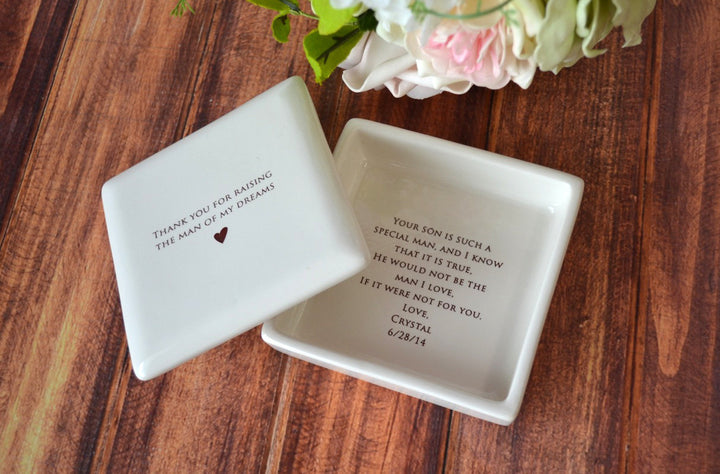 Mother of the Groom Gift - Square Keepsake Box with Personalized Silver Charm Bracelet - Add Custom Text -- Thank You For Raising the Man of My Dreams