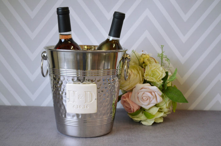 Personalized Wedding Gift - Hammered Stainless Steel Wine Bucket wtih Initials
