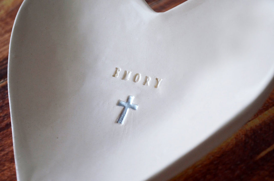 Personalized Small Ceramic Heart Bowl with Name & Cross | Baptism Gift