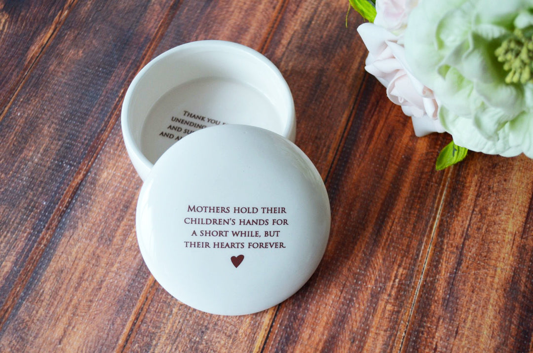 Mother's Day Gift, Mom Wedding Gift - Round Keepsake Box - Add Custom Text - Mothers Hold Their Children's Hands for a Short While ...