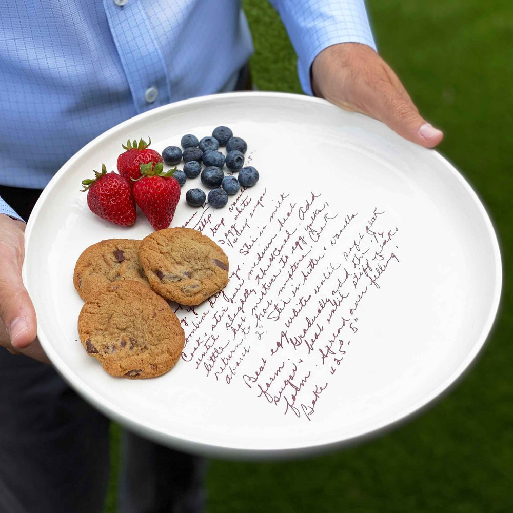 large round ceramic plate with custom family recipe in handwriting