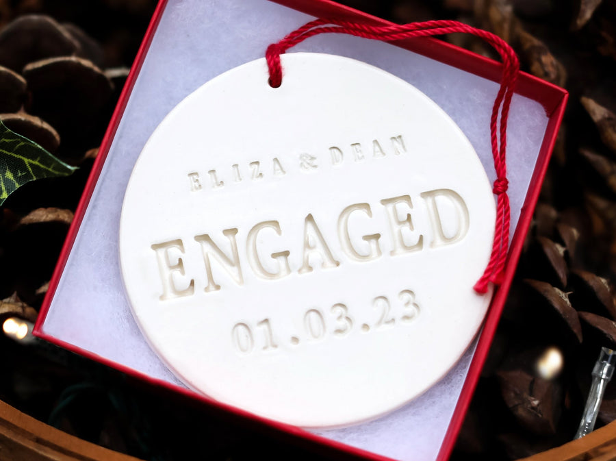 Custom, handmade Engaged ornament with name and date