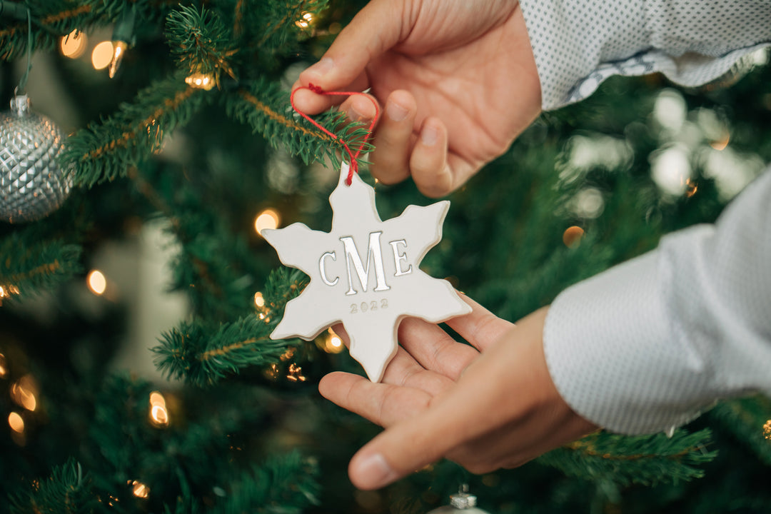 monogram in silver on a Christmas ornament