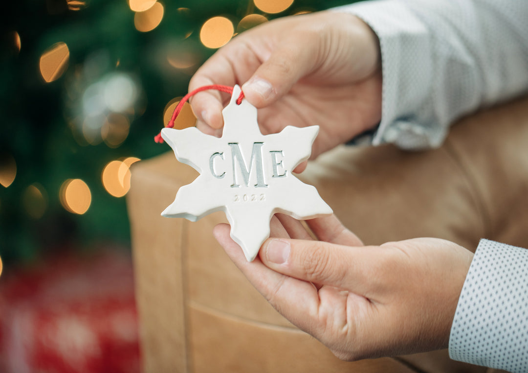 small snowflake holiday ornament with personalized year and monogram