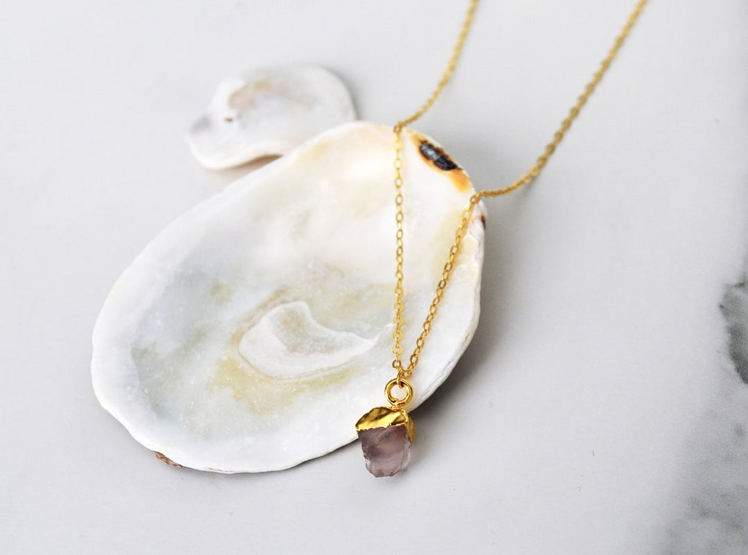 Rose Quartz Raw Birthstone Necklace, October Birthstone Necklace, Bridesmaid Gift, Layering Necklace. Healing Crystal Necklace