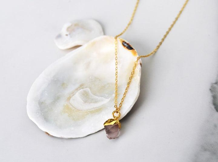 Rose Quartz Raw Birthstone Necklace, October Birthstone Necklace, Bridesmaid Gift, Layering Necklace. Healing Crystal Necklace