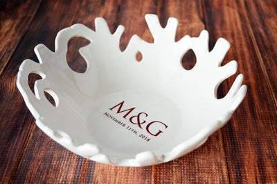 Wedding Gift or Anniversary Gift - Personalized Ceramic Coral Bowl, Fruit Bowl - With Initials and Wedding Date