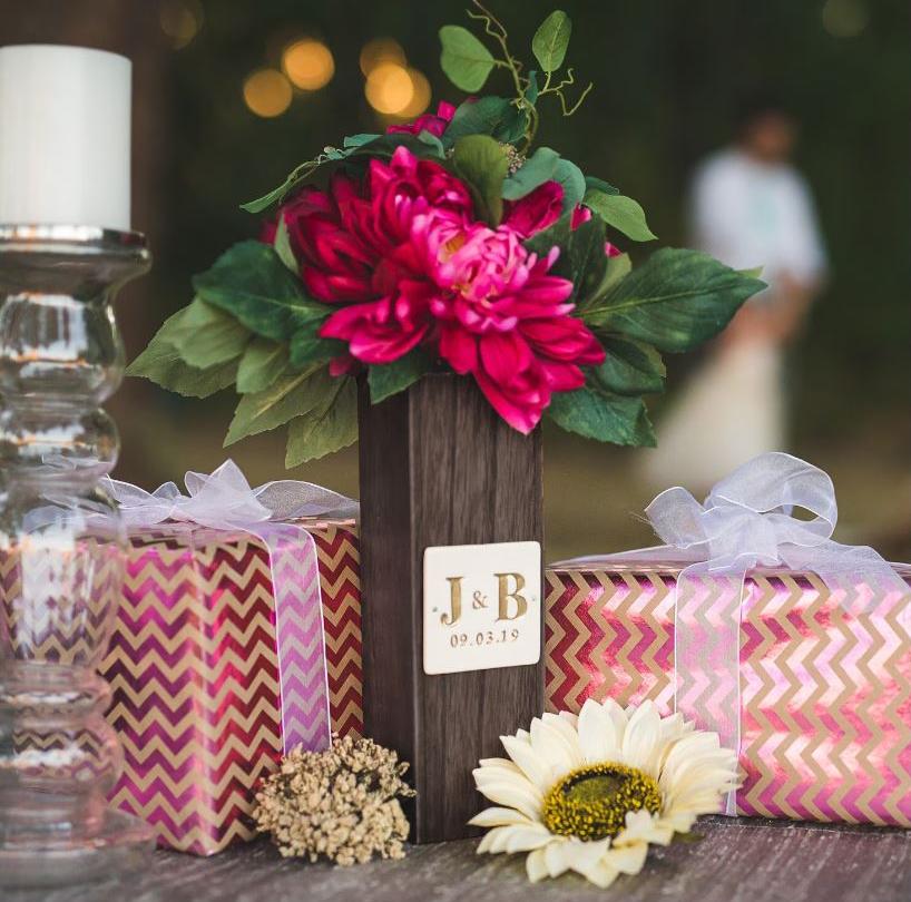 Personalized initials & date on ceramic plaque - wood vase