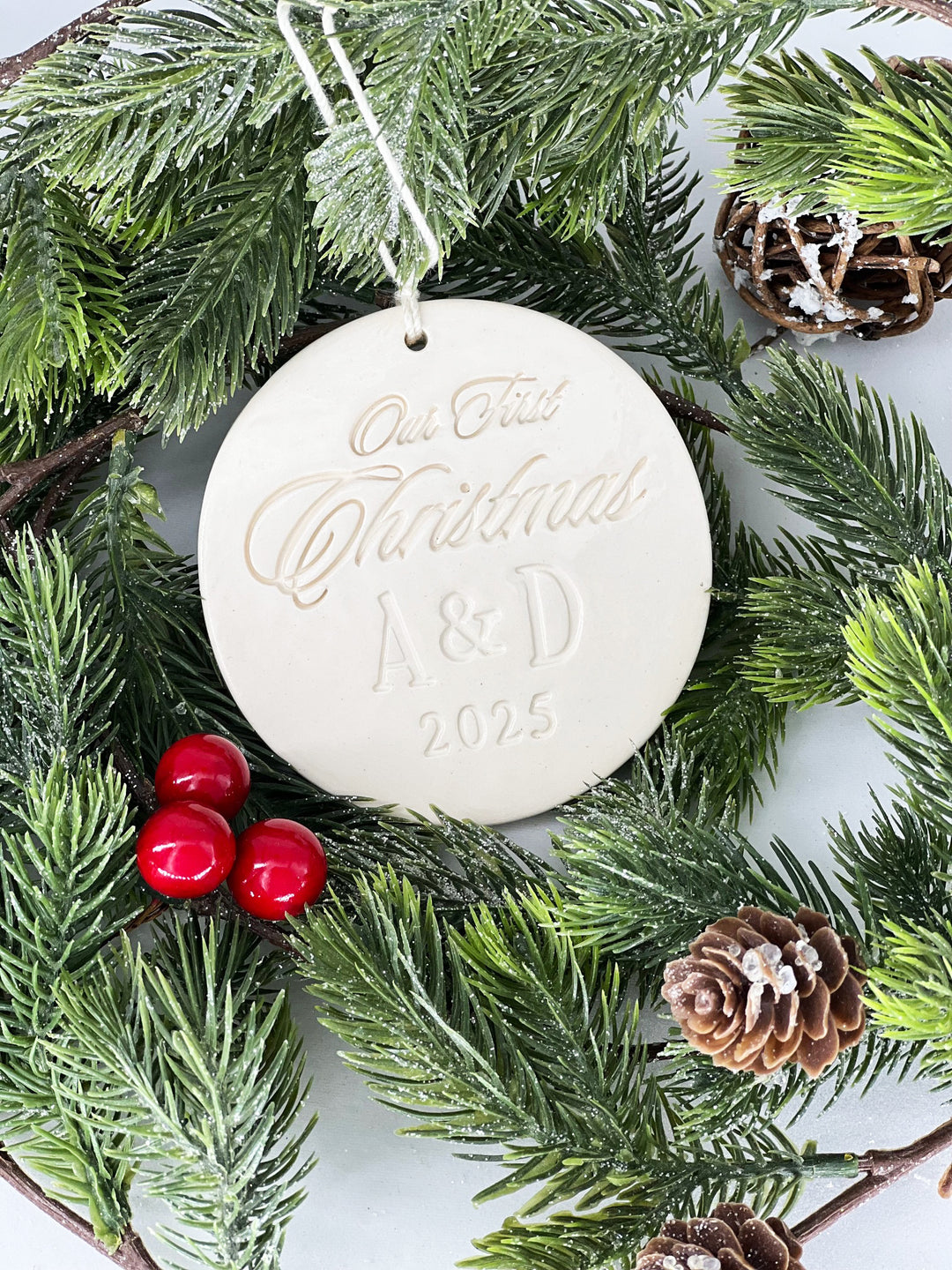 Personalized Our First Christmas Ornament with Initials and Year - Gift Boxed