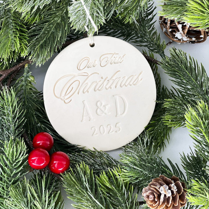 Personalized Our First Christmas Ornament with Initials and Year - Gift Boxed