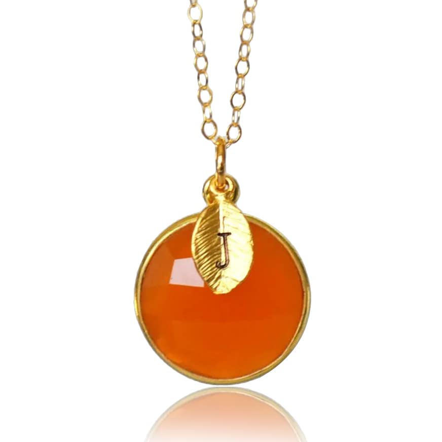 Personalized Carnelian Necklace, Round July Birthstone Necklace, 18K Gold Filled