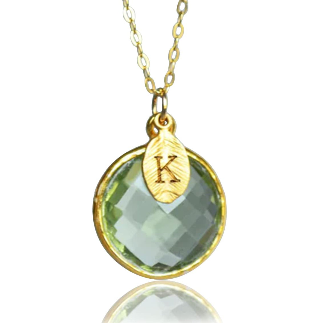 Green Amethyst Necklace, August Birthstone Necklace, 18K Gold, Personalized Round Necklace, Bridesmaid, Mom Gift