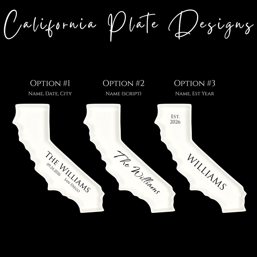 Three white California-shaped design options on a black background with text.