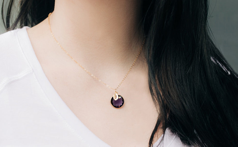 School Colors Jewelry: Purple & Gold, Round Pendent on a 18k Gold Chain w/ Initial Charm, College or High School Spirit; Graduation