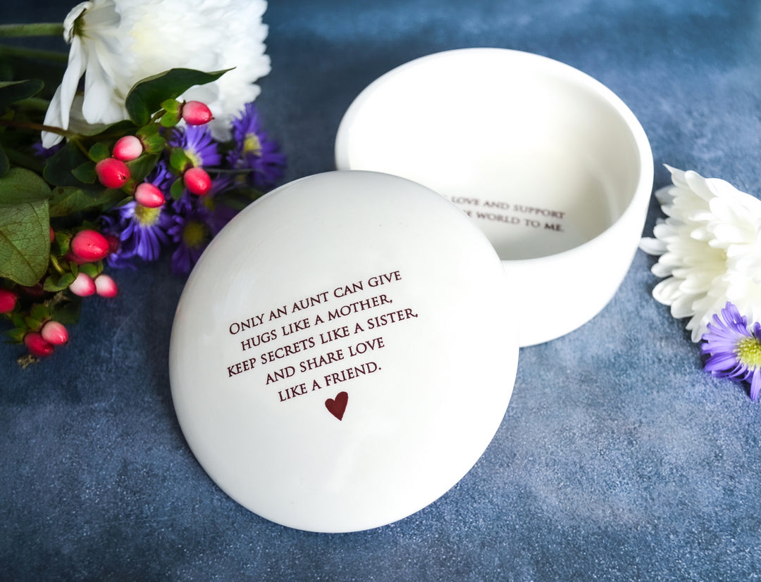 Unique Aunt Gift - Round Keepsake Box - Add Custom Text - Only an aunt can give hugs like a mother keep secrets like a sister ...