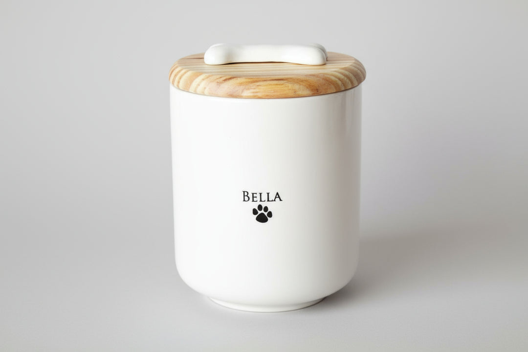 medium pet urn for ashes with wood lid dog bone and personalized