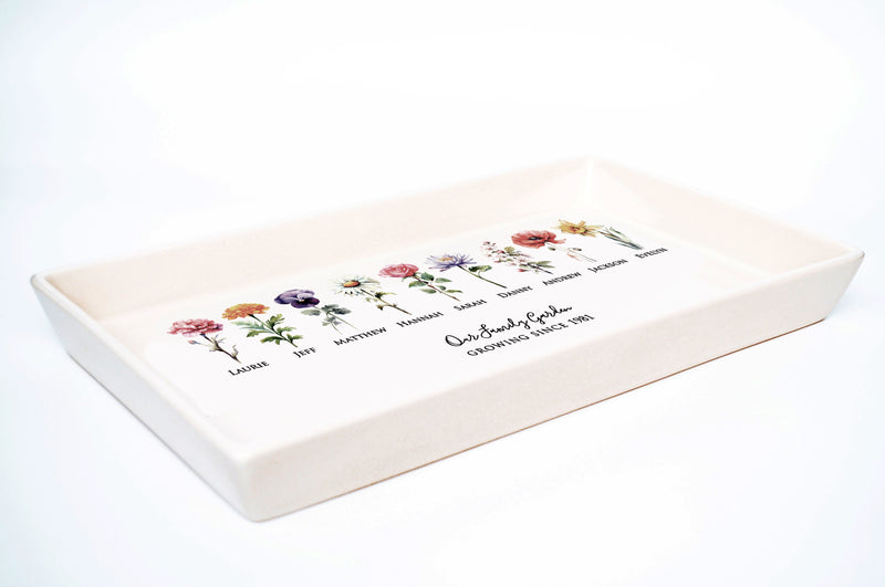 Garden of Love Flower Platter, Color Birth Flower, Rectangular Family Garden Ceramic Tray