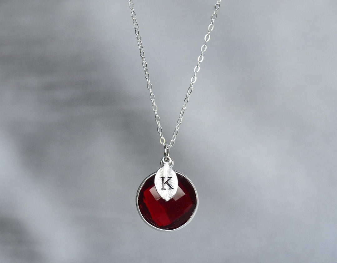 School Colors: Red & White Jewelry, Garnet on Sterling Silver Chain w/ Initial Charm, College or High School Spirit; Graduation
