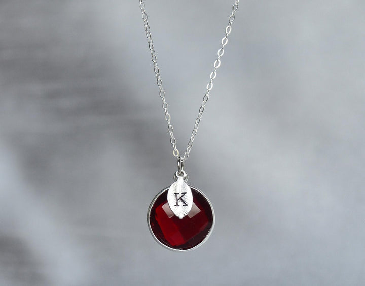 School Colors: Red & White Jewelry, Garnet on Sterling Silver Chain w/ Initial Charm, College or High School Spirit; Graduation