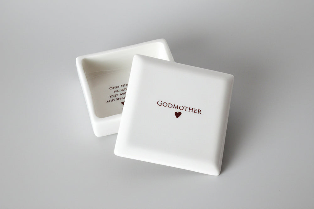 white ceramic keepsake box for godmother
