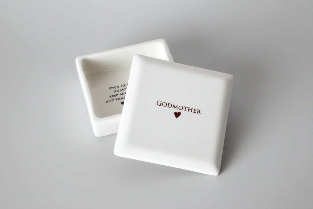 white ceramic keepsake box for godmother