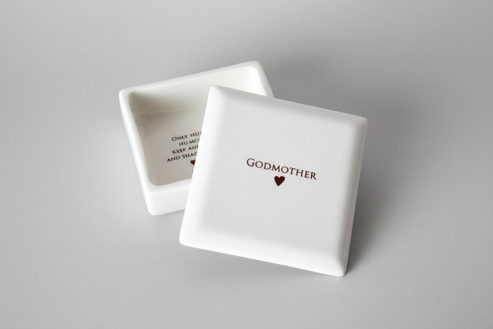 white ceramic keepsake box for godmother