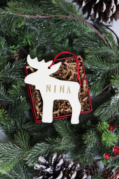 Moose Christmas Ornament | Personalize with Name | Custom Text Color | Handmade Ceramic