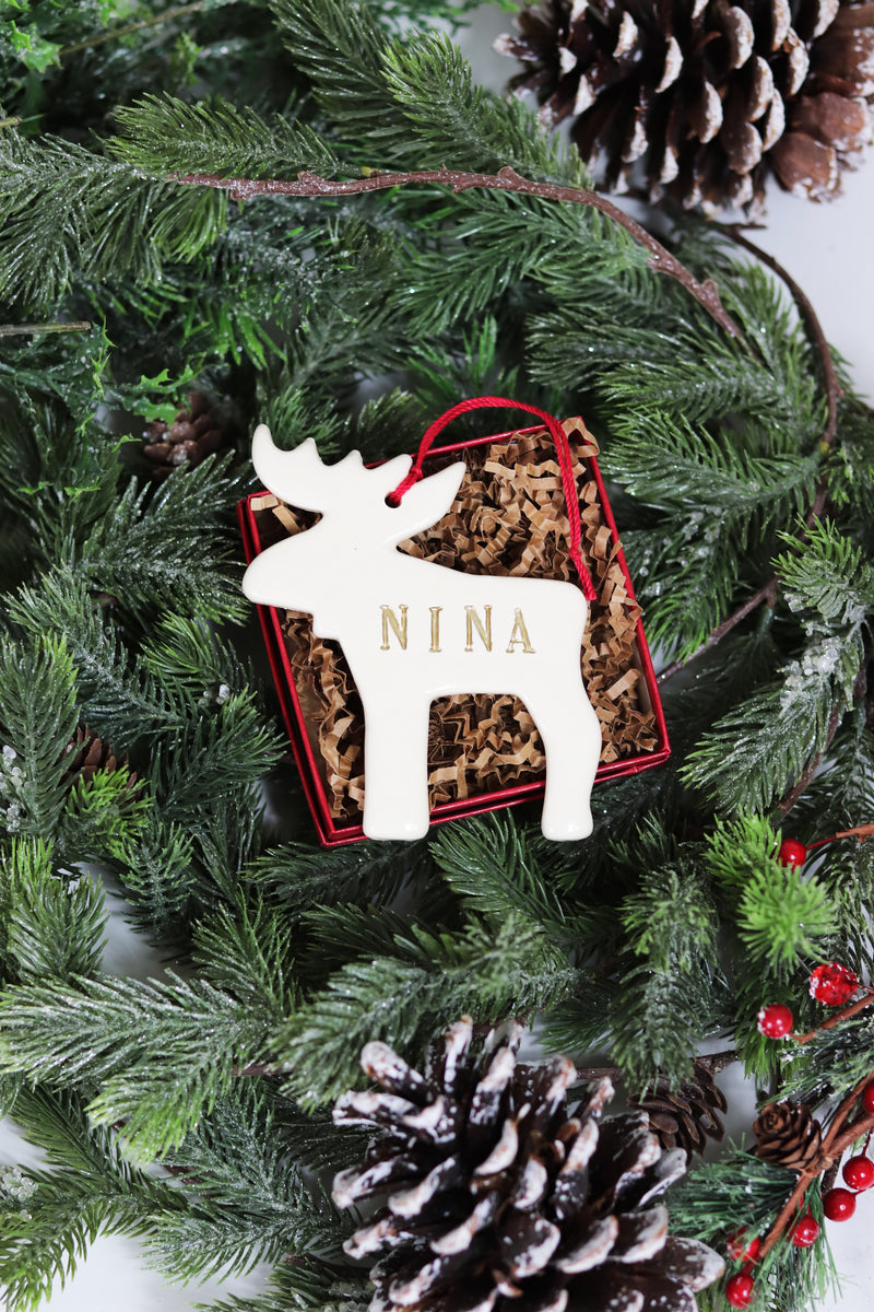 Moose Christmas Ornament | Personalize with Name | Custom Text Color | Handmade Ceramic