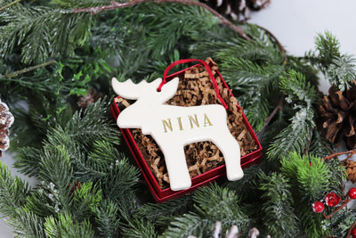 Moose Christmas Ornament | Personalize with Name | Custom Text Color | Handmade Ceramic