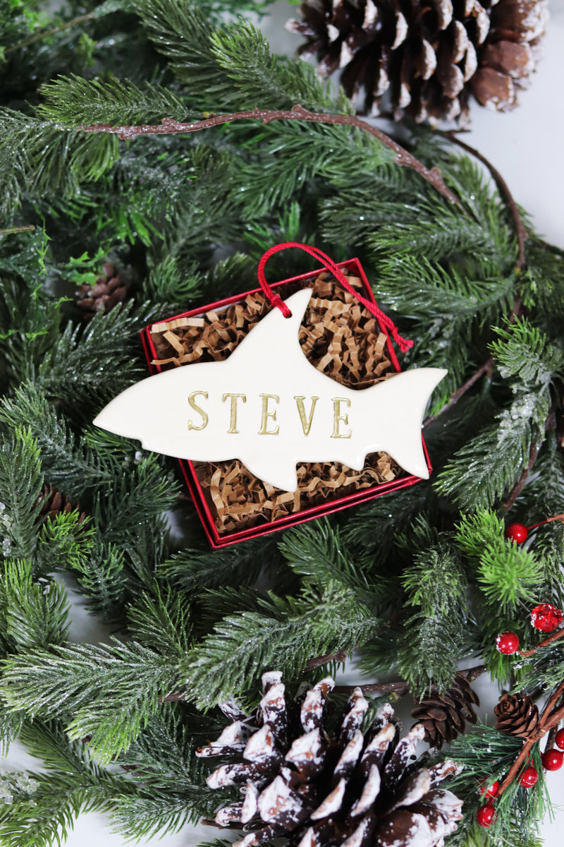 Shark Christmas Ornament | Personalize with Name | Custom Color | Handmade Ceramic