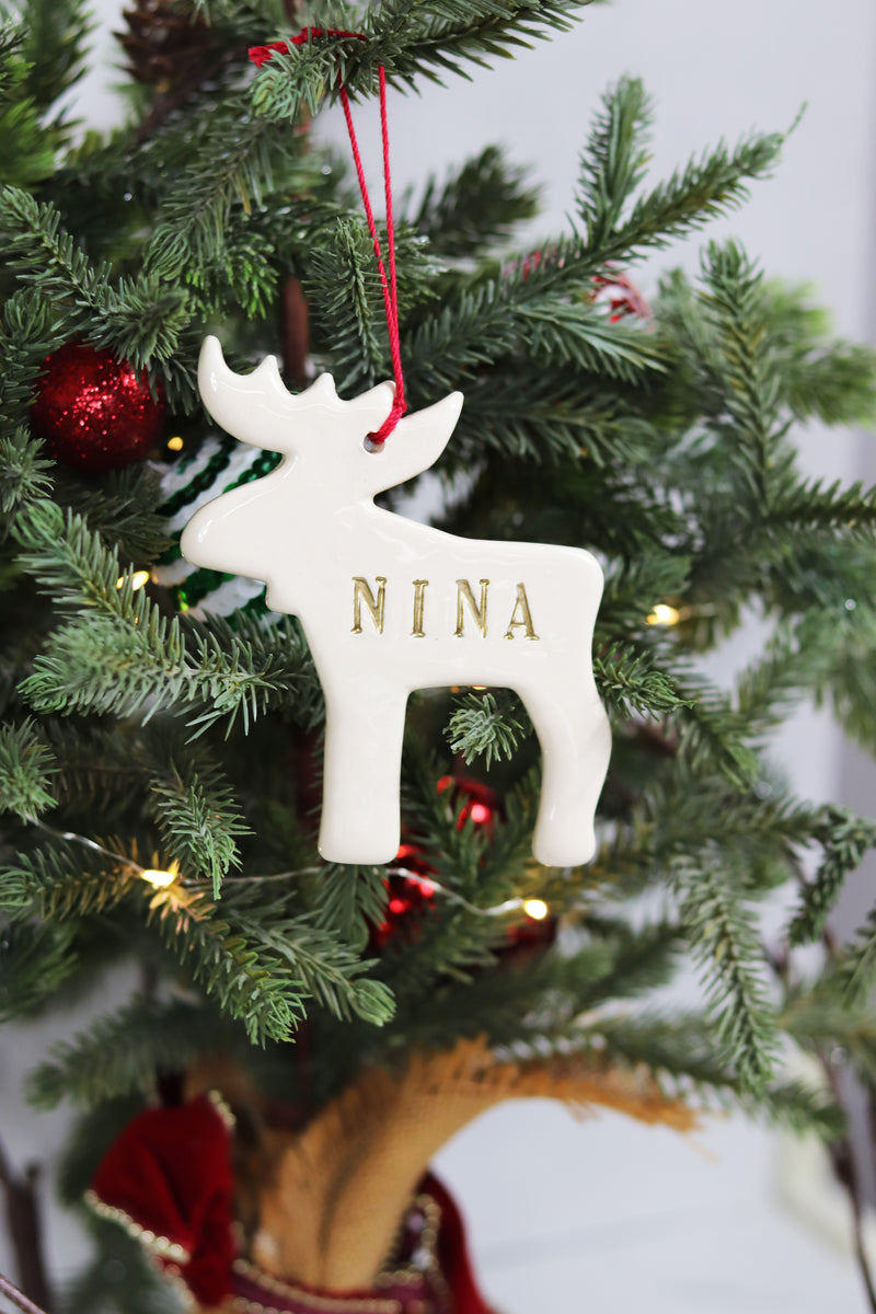 Moose Christmas Ornament | Personalize with Name | Custom Text Color | Handmade Ceramic