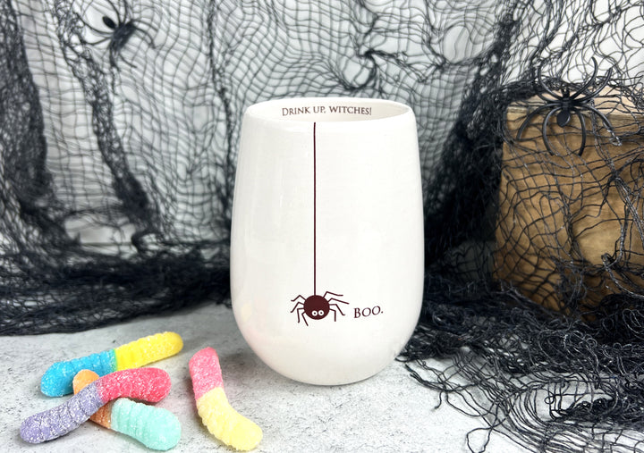 Wine Tumbler | Drink Up, Witches! | Halloween | Boo | Ceramic | Spider