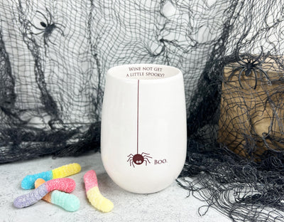 Wine Glass | Halloween | Boo | Wine Not Get A Little Spooky? | Stemless | Ceramic | Spider