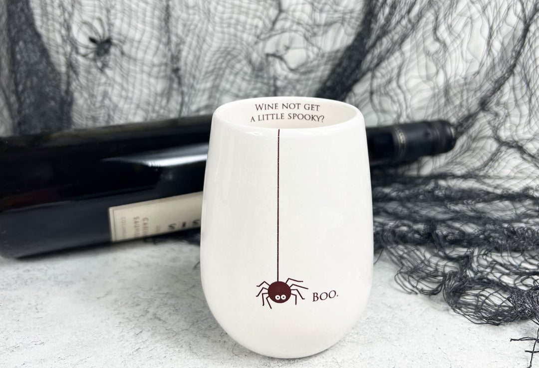 Wine Glass | Halloween | Boo | Wine Not Get A Little Spooky? | Stemless | Ceramic | Spider