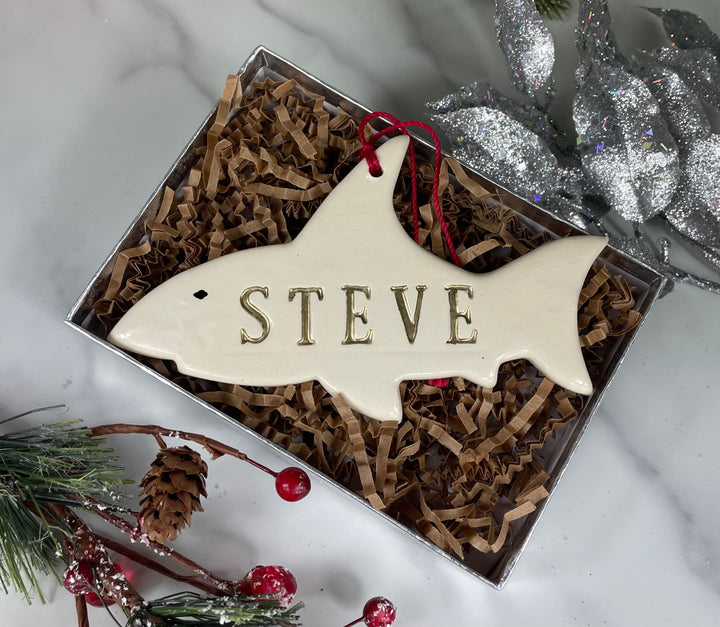 Shark Christmas Ornament | Personalize with Name | Custom Color | Handmade Ceramic