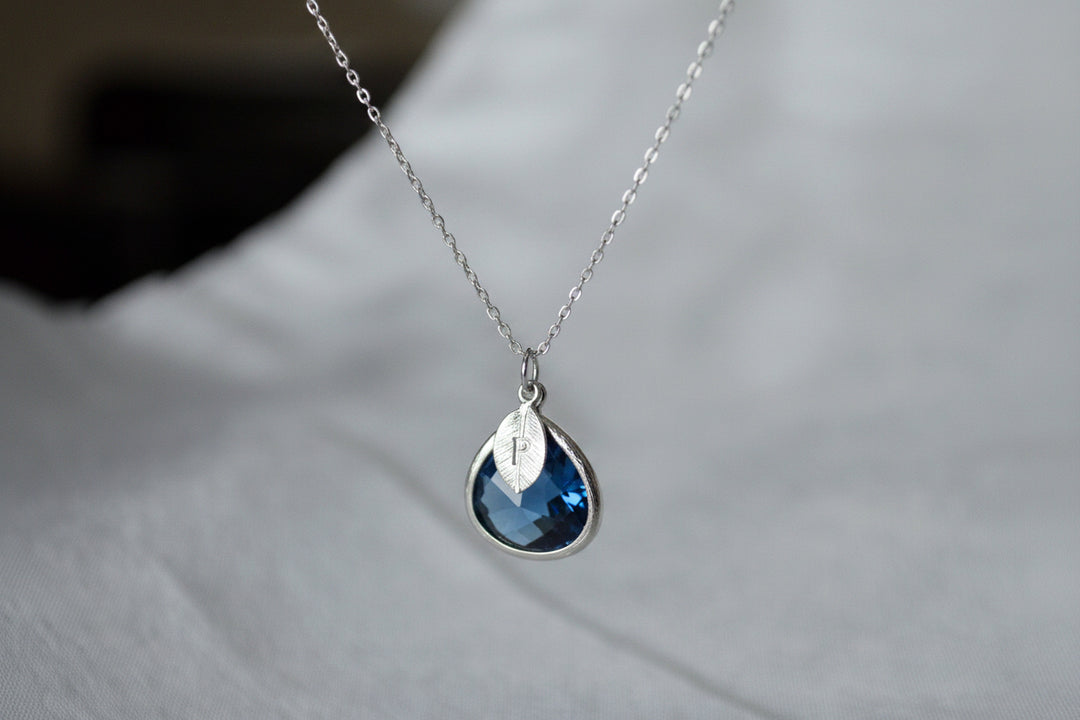 Sapphire Necklace, Sept. Birthstone, Leaf Charm, Rose Gold