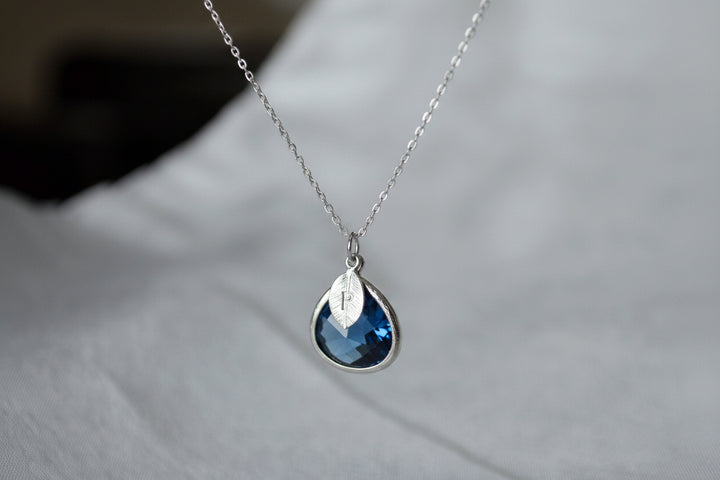 Sapphire Necklace, Sept. Birthstone, Leaf Charm, Rose Gold