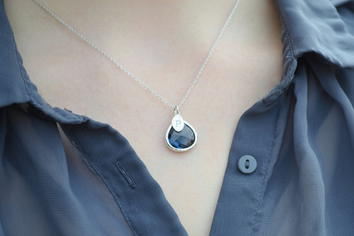 Sapphire Necklace, Sept. Birthstone, Leaf Charm, Rose Gold