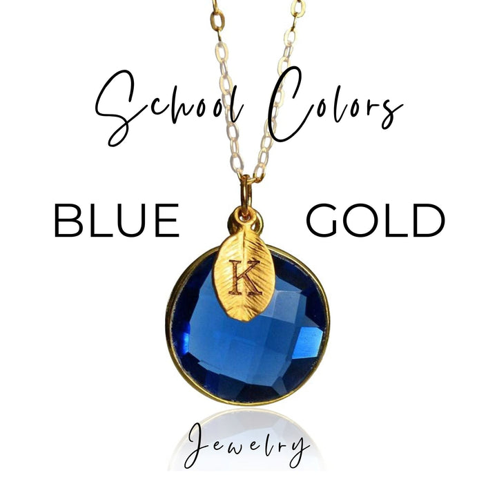 School Colors Jewelry: Blue & Gold; Sapphire Blue Pendent on a 18k Gold Chain w/ Initial Charm; College or High School Spirit; Graduation