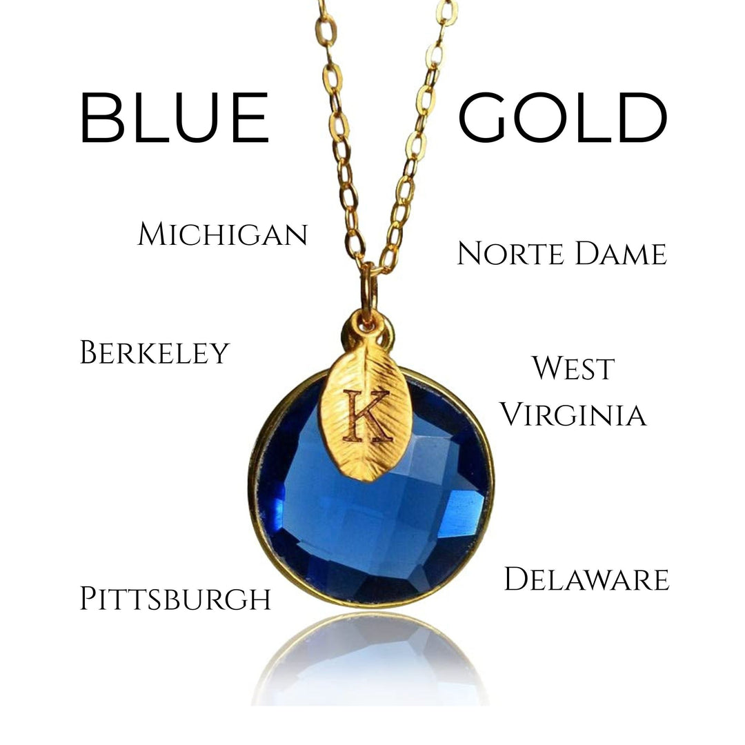 School Colors Jewelry: Blue & Gold; Sapphire Blue Pendent on a 18k Gold Chain w/ Initial Charm; College or High School Spirit; Graduation