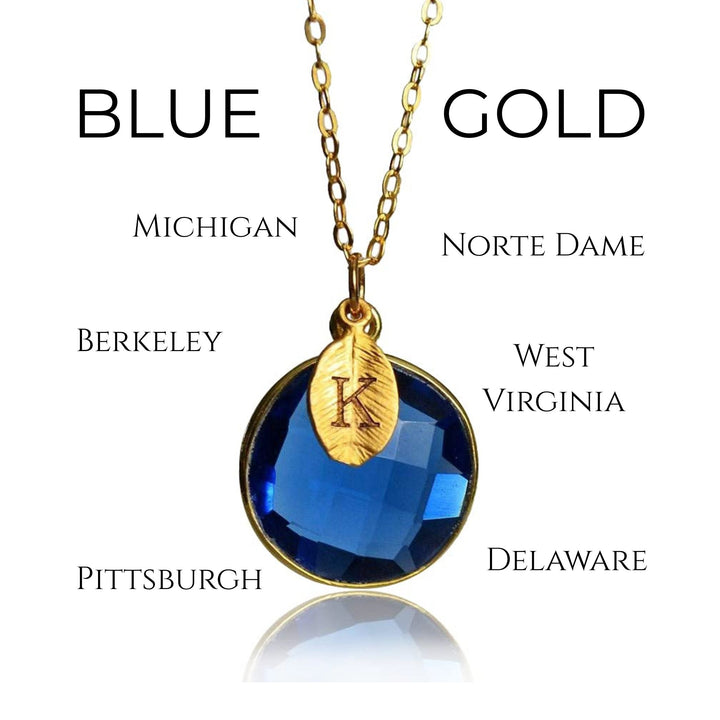 School Colors Jewelry: Blue & Gold; Sapphire Blue Pendent on a 18k Gold Chain w/ Initial Charm; College or High School Spirit; Graduation