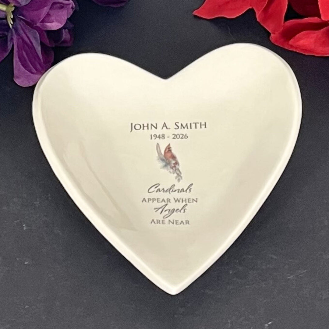 Personalized Memorial Cardinal Ceramic Catchall, Handmade Heart Dish, ...Angels Are Near