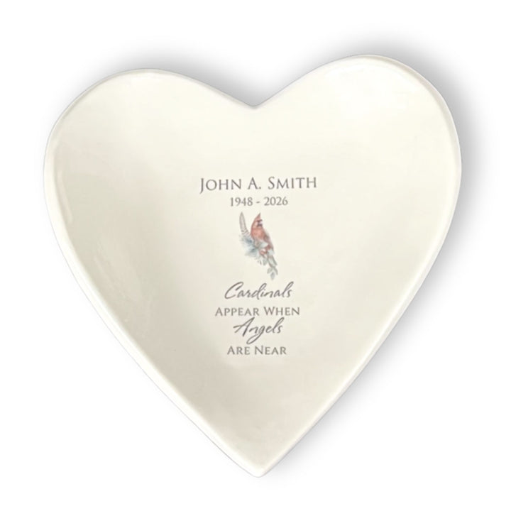 Personalized Memorial Cardinal Ceramic Catchall, Handmade Heart Dish, ...Angels Are Near