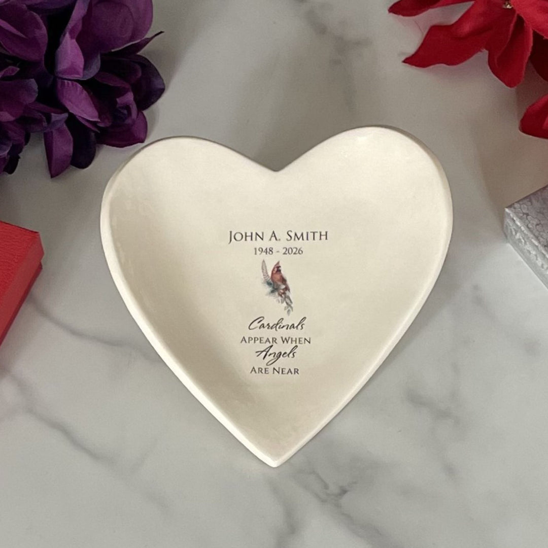 Personalized Memorial Cardinal Ceramic Catchall, Handmade Heart Dish, ...Angels Are Near