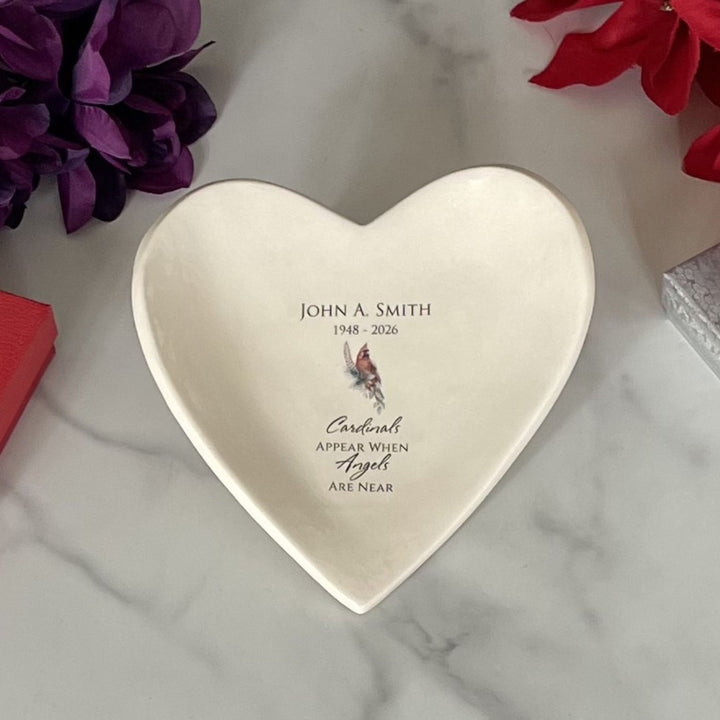 Personalized Memorial Cardinal Ceramic Catchall, Handmade Heart Dish, ...Angels Are Near